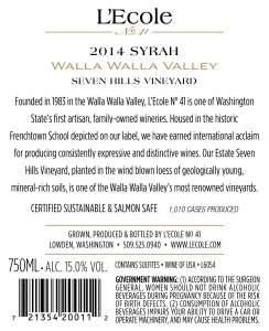 2014 Seven Hills Vineyard Estate Syrah back label