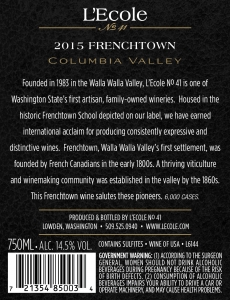 2015 Columbia Valley Frenchtown back label